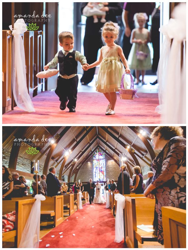 Summer Church Wedding Herder Wedding Amanda Dee Photography Cedar Rapids Wedding Photographer ceremony flower girl and ring bearer bride and father coming down the aisle